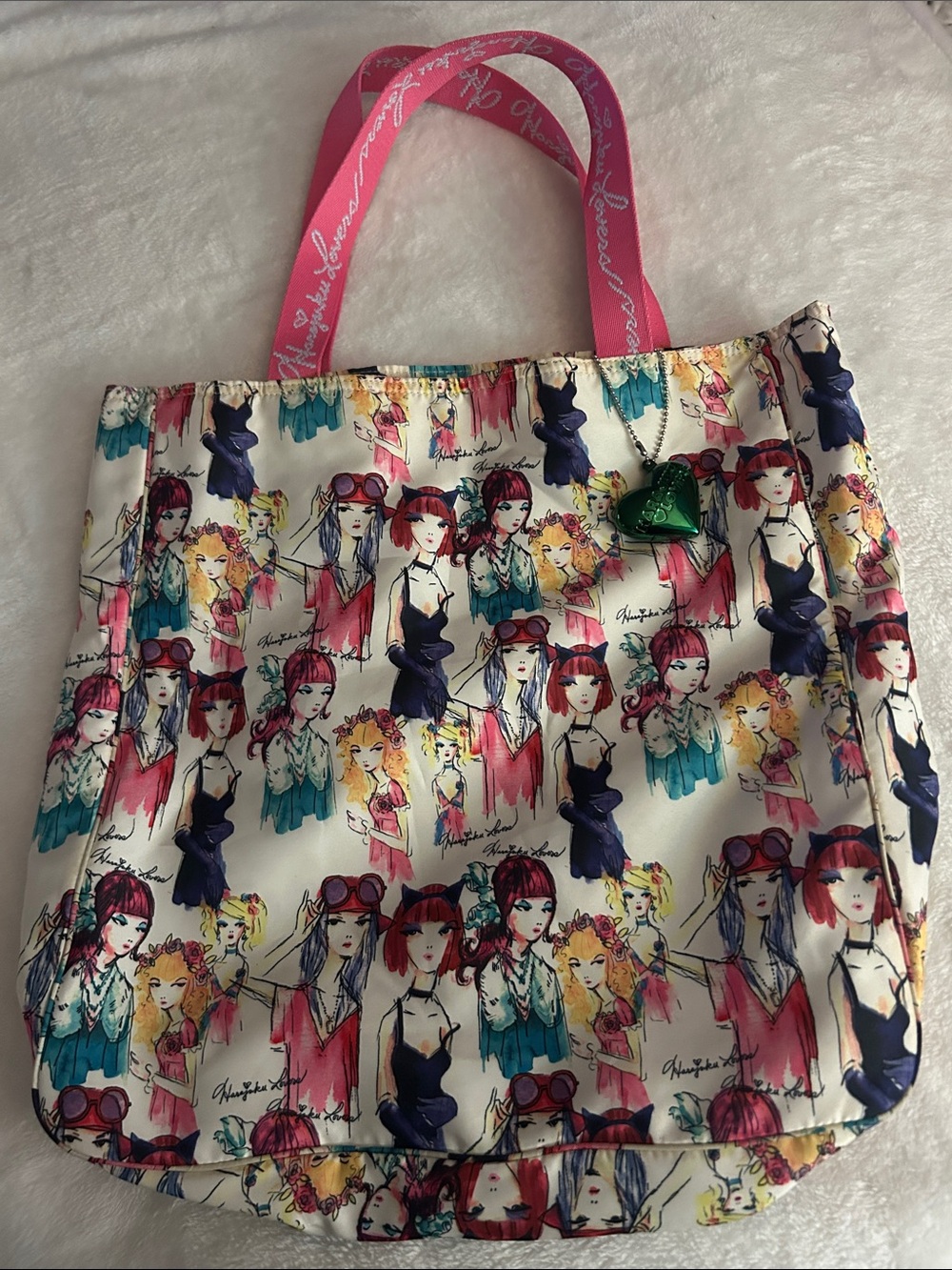 Harajuku Lovers Illustrated Cream Tote with Pink Straps